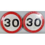 A pair of 30 MPH warning reflective signs, diameter 30 cm.