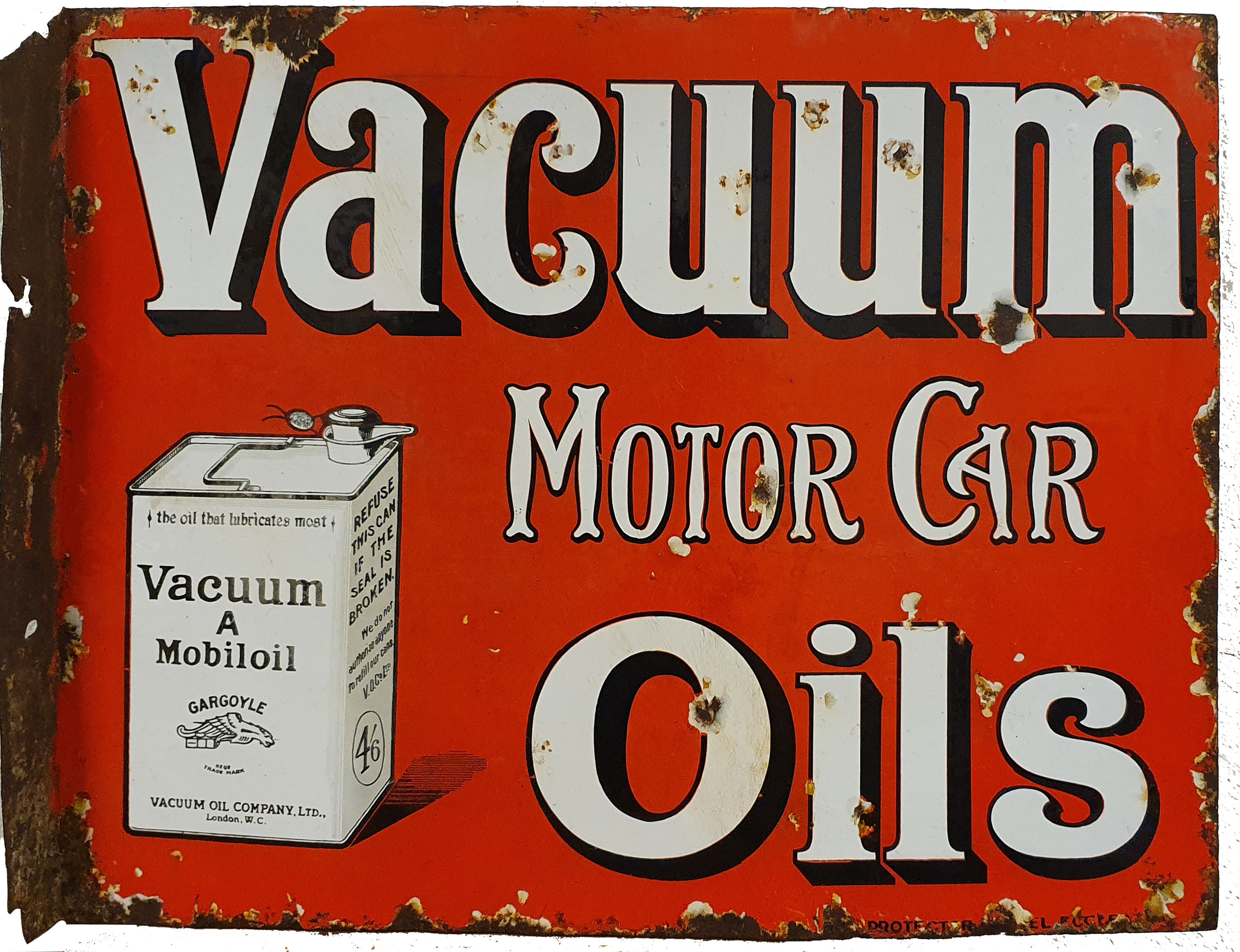 A double sided, wall mounted, vitreous enamel Vacuum Motor Car Oils sign, 41 x 51 cm.