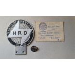 A Vincent HRD owners club membership card, number 4706, Mr J.A. Omer, 31/12/59, an alloy and