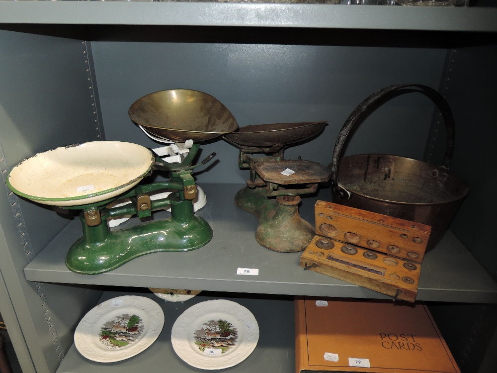 Three sets of balance scales, a brass jam pan etc