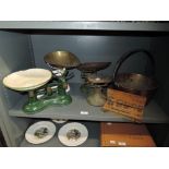 Three sets of balance scales, a brass jam pan etc