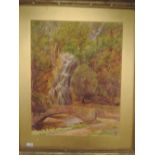A watercolour, woodland, waterfall and riverbridge, indistinctly signed and dated, 1921, 26in x