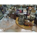 A fruit press, glass fruit bowl and stoneware jar, a decorative owl, treen cat etc