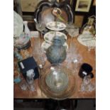 A studio pottery jug , Royal Albert cake stand, glasses etc