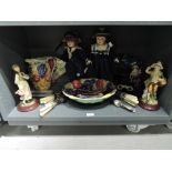 A shelf of micellaneous including opera glasses, collectors dolls, fan, flatware etc