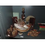 A selection of wood treen including anchor book ends and sea shells