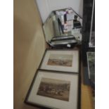 Four horse racing prints and small mirror