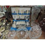 A selection of cut/pressed glass and a plated set of cutlery in box