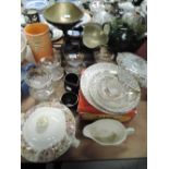A set of vintage part frosted sundae dishes, lidded tureen and Pifco shaving mirror