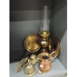 A selection of brass wares including bell with wall bracket and desk top ink well