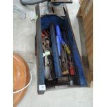 A metal cantilever tool box and contents