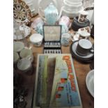 A selection of tea cups and saucers also Queen Mary board game