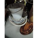 A selection of enamel wares and copper bed warmer