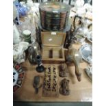 A selection of wood treen items including boox style box and Indonesian style totems