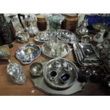 A fine selection of plated table wares including HM silver and blue glass salts