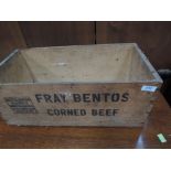 A vintage wooden food crate, labelled Fray Bentos corned beef