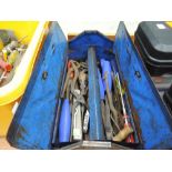 A metal cantilever tool box and contents