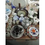 A selection of hardware including Tiffany style lampshade and delft style vases