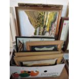 A selection of prints and original art works including mixed medium collage