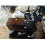 A selection of treen boxes including tea caddy and HM silver glove box