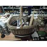 A selection of kitchen wares including wicker basket and Firestone ashtray