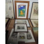 A selection of prints etchings and original art work including fabric cat print