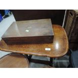 A traditional oak occasional table and an empty oak cutlery canteen