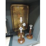 A selection of hardware including twist stem candle sticks and Ornate chase work Indian tray