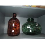 Two large glass vessels green glass carboid and similar brown bottle
