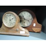 Two oak bodied mantle clocks one with alarm and one chime