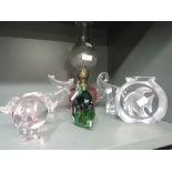 A selection of clear cut glass wares including oil lamp