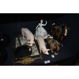 A selection of figurines including a Bretby horse , a dressing table ste etc