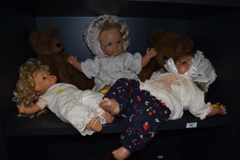 Three dolls and two vintage teddy bears
