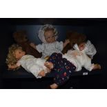 Three dolls and two vintage teddy bears
