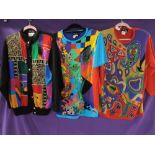 Three incredibly busy and bright jumpers by Diane Freis, various sizes and styles