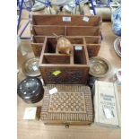 A selection of wooden carved boxes and letter rack