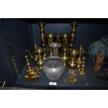 A selection of brass ware including candlesticks etc