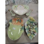 A selection of ceramics including Majollica style leaf and canary dish