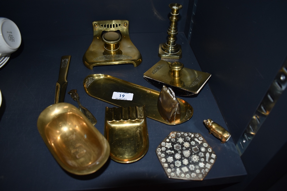 A selection of brass ware including a blotter, an inkwell, letter opener etc