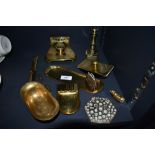 A selection of brass ware including a blotter, an inkwell, letter opener etc