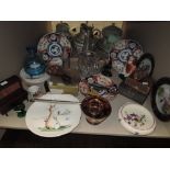 A variety of items, including Chinese export Imari wares two carved soap stone monks, a claret