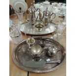 A silver plated tea set by Viners and selection of glassware