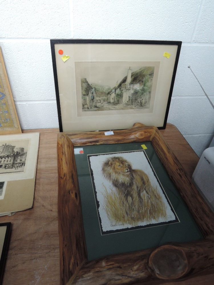 A print of lion after Sheila Cooper in heavy set pine frame