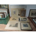 A selection of prints and etchings including hand painted Indian scene and W. Wilson