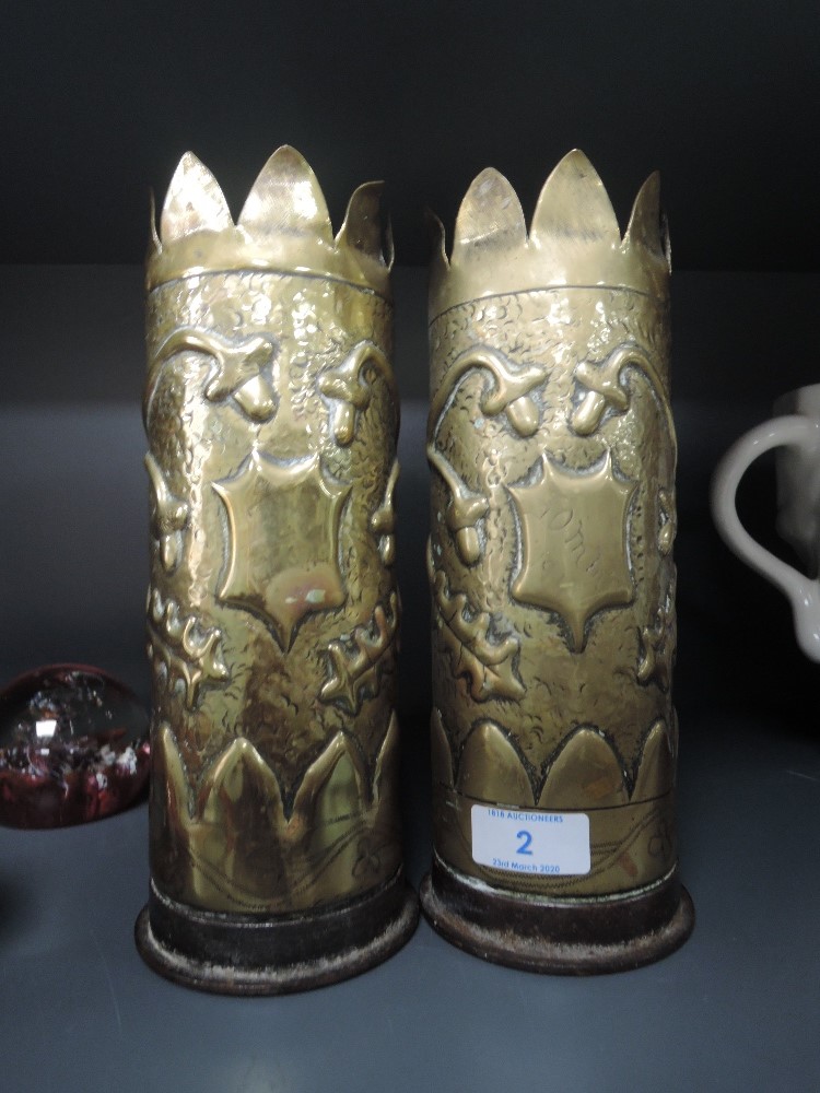 Two military ammunition shells decorated as trench art dated 1918