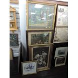 A selection of prints including needle work and gilt and plaster frame