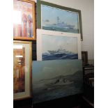 A selection of original paintings of battleships one signed A Winter