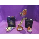 Two Royal Crown Derby paperweights, Great Tit and Jenny Wren having gold stoppers and boxed, along