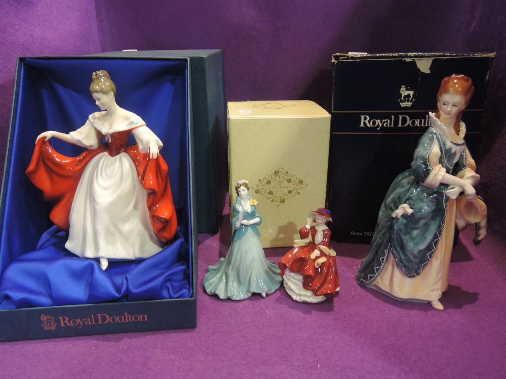 Three Royal Doulton figurines, The Hon. Frances Duncombe HN3009, boxed, Sara HN2265, boxed and