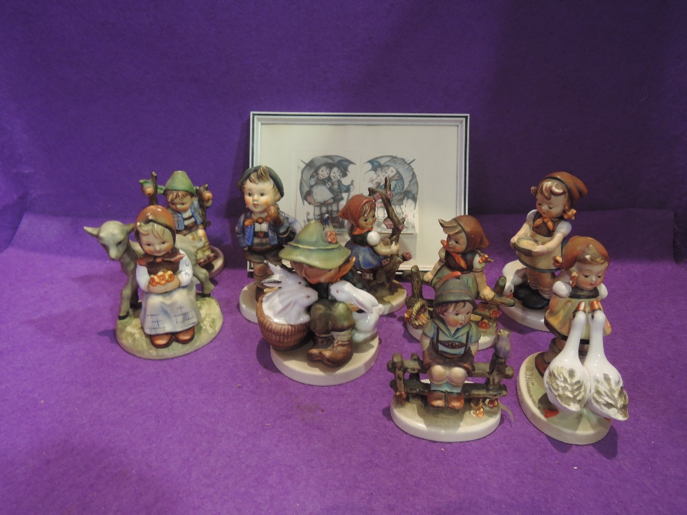 Nine Goebel figurines including Be Patient, Goose Girl, Playmates, Home From Market etc